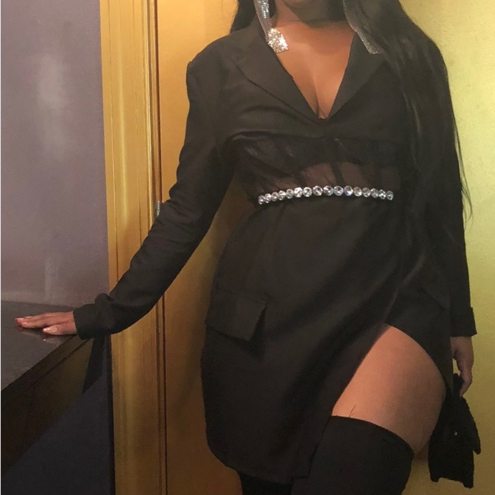 Blazer dress with sheer boned waistline- black